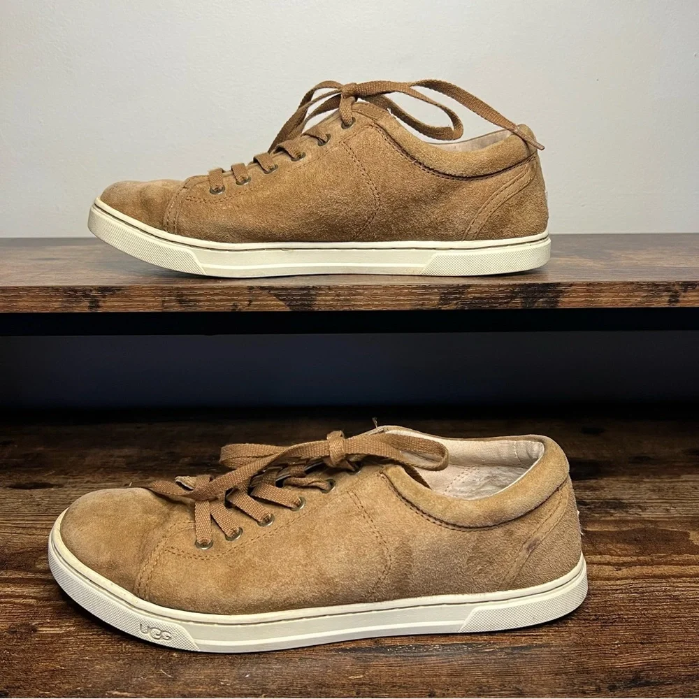 Ugg Brown Tan Suede Leather Sneakers tennis shoes lace up women's 9.5